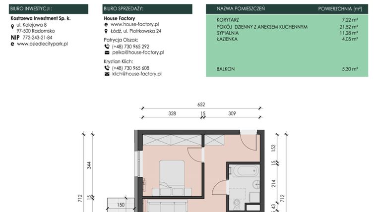 Rzut - Mieszkanie na sprzedaż 2 pokoje o powierzchni 44,07 m² - numer 22 w Osiedle City Park