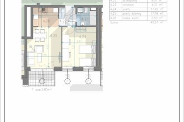 Rzut - Mieszkanie na sprzedaż 2 pokoje o powierzchni 49,57 m² - numer 28 w Przewóz 41 Residence