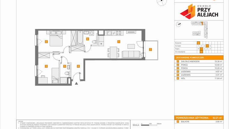 Rzut - Mieszkanie na sprzedaż 3 pokoje o powierzchni 62,21 m² - numer B72 w Osiedle Przy Alejach etap 2