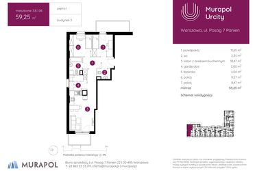 Rzut - Mieszkanie na sprzedaż 3 pokoje o powierzchni 59,25 m² - numer 3.B.1.06 w Murapol Urcity