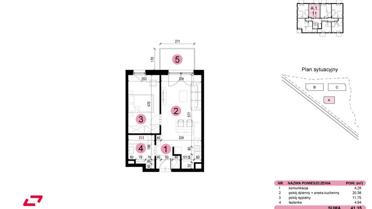 Rzut - Mieszkanie na sprzedaż 2 pokoje o powierzchni 41,35 m² - numer A-1-11 w Nowe Miasto