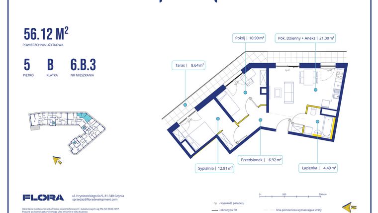 Rzut - Mieszkanie na sprzedaż 3 pokoje o powierzchni 56,12 m² - numer 6.B.3 w Piotra 4