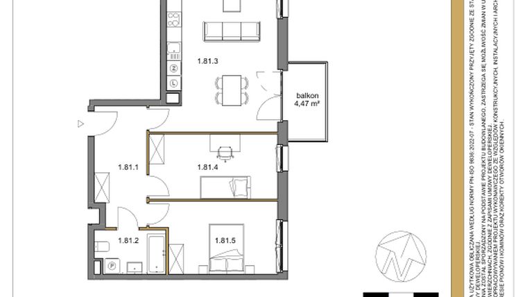 Rzut - Mieszkanie na sprzedaż 3 pokoje o powierzchni 69,47 m² - numer 81 w Osiedle Sfera etap II