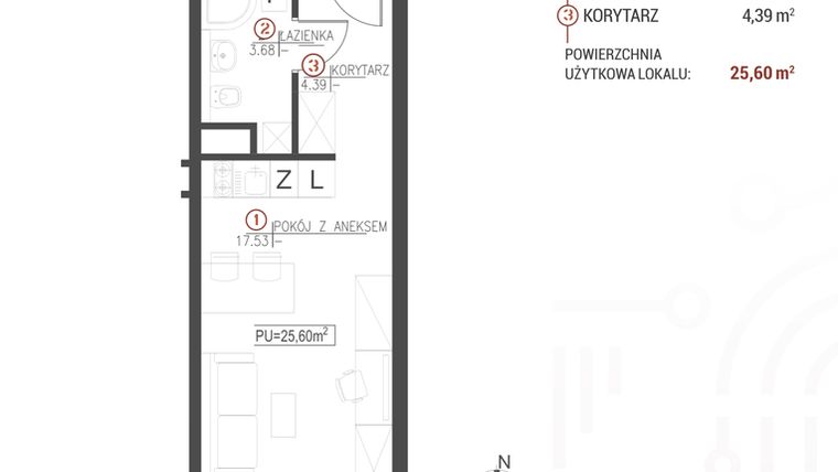 Rzut - Mieszkanie na sprzedaż 1 pokój o powierzchni 25,6 m² - numer 116 w Wróblewskiego 1