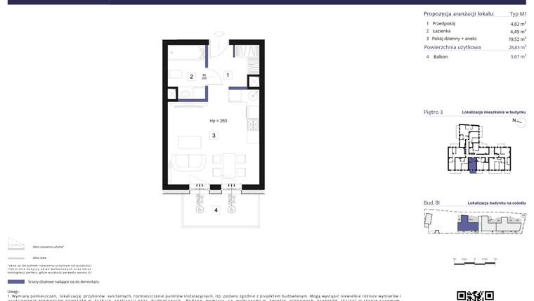 Rzut - Mieszkanie na sprzedaż 1 pokój o powierzchni 28,83 m² - numer B1 – M3.4 w Primacasa