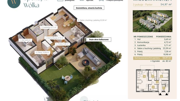 Rzut - Mieszkanie na sprzedaż 3 pokoje o powierzchni 54,97 m² - numer A2/1 w Spokojna Wólka etap IV