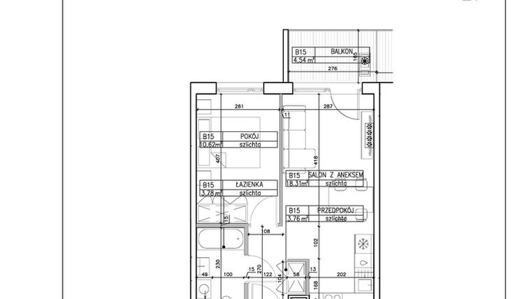 Rzut - Mieszkanie na sprzedaż 2 pokoje o powierzchni 36,47 m² - numer B15 w Symfonia - Chodkiewicza 9