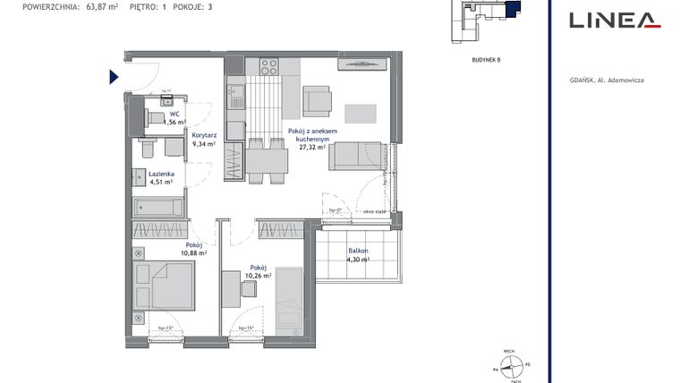 Rzut - Mieszkanie na sprzedaż 3 pokoje o powierzchni 63,87 m² - numer B.1.7 w Linea