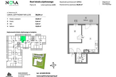 Rzut - Mieszkanie na sprzedaż 2 pokoje o powierzchni 36,94 m² - numer L.U. 10 w Nova Radiostacja - apartamenty inwestycyjne