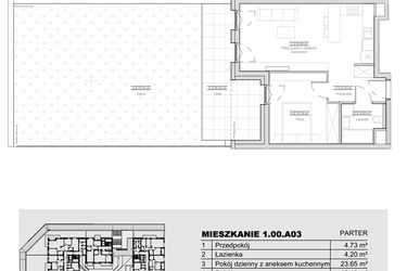 Rzut - Mieszkanie na sprzedaż 2 pokoje o powierzchni 44,76 m² - numer 1.00.A03 w Ogrody Andersa III
