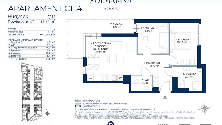 Rzut - Mieszkanie na sprzedaż 3 pokoje o powierzchni 55,94 m² - numer C11.4 w Sol Marina etap III
