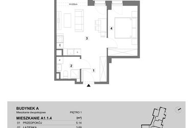 Rzut - Mieszkanie na sprzedaż 2 pokoje o powierzchni 42,98 m² - numer A1.1.4 w ATAL Grabiszyn