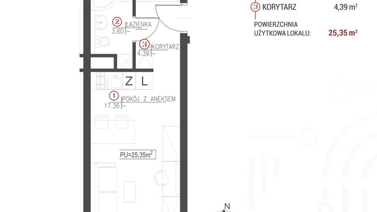 Rzut - Mieszkanie na sprzedaż 1 pokój o powierzchni 25,35 m² - numer 118 w Wróblewskiego 1