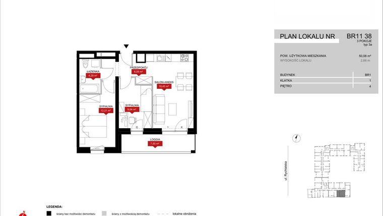 Rzut - Mieszkanie na sprzedaż 3 pokoje o powierzchni 50,04 m² - numer BR11/38 w Browary Wrocławskie 2