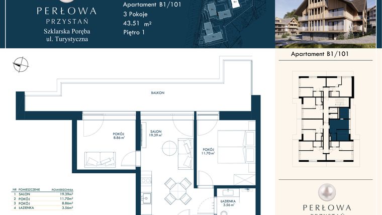 Rzut - Mieszkanie na sprzedaż 2 pokoje o powierzchni 43,51 m² - numer B1/101 w Perłowa Przystań - Szklarska Poręba