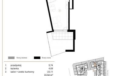 Rzut - Mieszkanie na sprzedaż 1 pokój o powierzchni 33,54 m² - numer B01 w Osiedle Józefowska