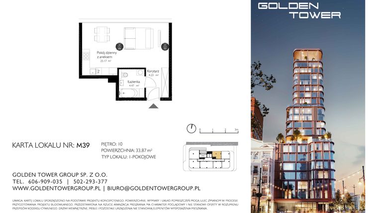 Rzut - Mieszkanie na sprzedaż 1 pokój o powierzchni 33,87 m² - numer M39 w Golden Tower