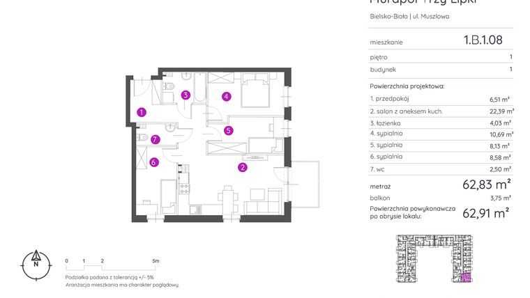 Rzut - Mieszkanie na sprzedaż 4 pokoje o powierzchni 62,91 m² - numer 1.B.1.08 w Murapol Trzy Lipki