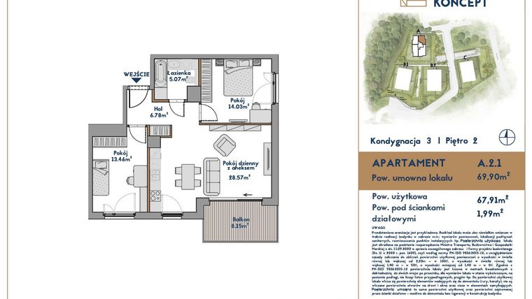 Rzut - Mieszkanie na sprzedaż 3 pokoje o powierzchni 69,9 m² - numer A.2.1 w Oliva Koncept II