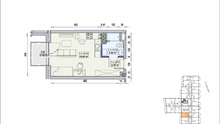 Rzut - Mieszkanie na sprzedaż 1 pokój o powierzchni 27,49 m² - numer 1/4/18/1a w Gwarna