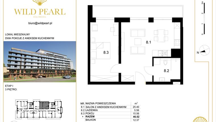 Rzut - Mieszkanie na sprzedaż 2 pokoje o powierzchni 46,52 m² - numer 3.8 w Wild Pearl