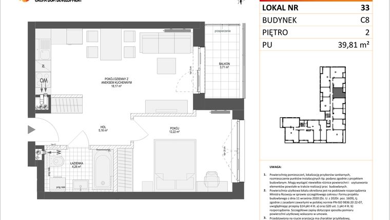 Rzut - Mieszkanie na sprzedaż 2 pokoje o powierzchni 39,81 m² - numer C8.33 w Konstelacja etap IV