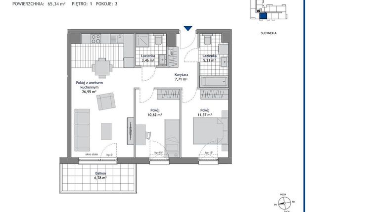 Rzut - Mieszkanie na sprzedaż 3 pokoje o powierzchni 65,34 m² - numer A.1.12 w Linea bud. A