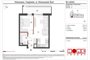 Rzut - Mieszkanie na sprzedaż 2 pokoje o powierzchni 39,05 m² - numer B1-A034 w Warszawski Świt etap VIII