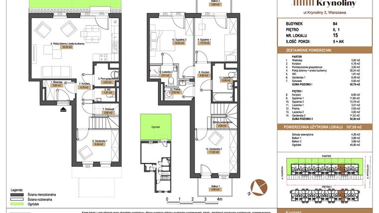 Rzut - Mieszkanie na sprzedaż 5 pokoi o powierzchni 107,09 m² - numer 15.B4 w Apartamenty Krynoliny