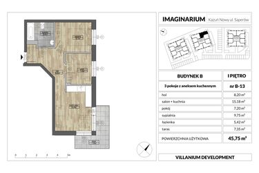Rzut - Mieszkanie na sprzedaż 3 pokoje o powierzchni 45,75 m² - numer 13 w Imaginarium Kazuń Nowy - bud. B