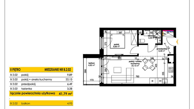 Rzut - Mieszkanie na sprzedaż 2 pokoje o powierzchni 41,76 m² - numer B 2.02 w Park Moniuszki II C