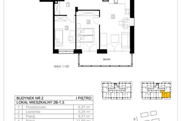 Rzut - Mieszkanie na sprzedaż 3 pokoje o powierzchni 55,35 m² - numer 2B-1.3 w Gardenia Pogodno