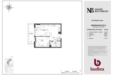Rzut - Mieszkanie na sprzedaż 2 pokoje o powierzchni 37,94 m² - numer B32 w Nowe Batorego 2