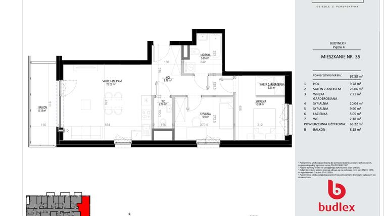 Rzut - Mieszkanie na sprzedaż 3 pokoje o powierzchni 67,58 m² - numer F.35 w Osiedle Panorama - III etap
