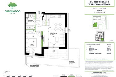 Rzut - Mieszkanie na sprzedaż 2 pokoje o powierzchni 42,94 m² - numer A 1 w Greenwood Park