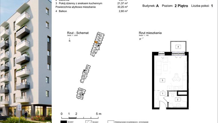 Rzut - Mieszkanie na sprzedaż 1 pokój o powierzchni 30,25 m² - numer A.26 w Osiedle Kochanowskiego - Gliwice