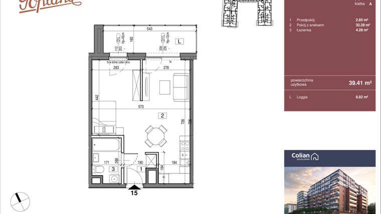 Rzut - Mieszkanie na sprzedaż 1 pokój o powierzchni 39,41 m² - numer G1/15 w Goplana budynek G