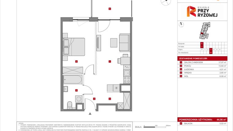 Rzut - Mieszkanie na sprzedaż 2 pokoje o powierzchni 44,56 m² - numer E.93 w Osiedle Przy Ryżowej etap II