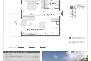 Rzut - Mieszkanie na sprzedaż 2 pokoje o powierzchni 43,43 m² - numer M25 w Modern House II