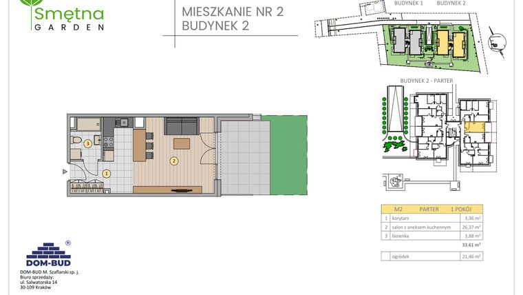 Rzut - Mieszkanie na sprzedaż 1 pokój o powierzchni 33,61 m² - numer 2 w Smętna Garden