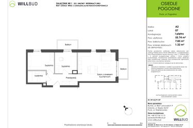 Rzut - Mieszkanie na sprzedaż 3 pokoje o powierzchni 55,74 m² - numer OP/A2/P1/07 w Osiedle Pogodne etap I