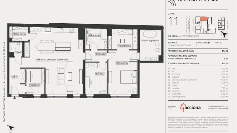Rzut - Mieszkanie na sprzedaż 4 pokoje o powierzchni 139,86 m² - numer 11 w Kamienna 28