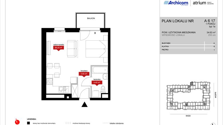 Rzut - Mieszkanie na sprzedaż 1 pokój o powierzchni 34,63 m² - numer A6 17 w Atrium - Nowy Szczepin