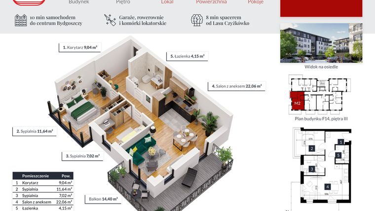 Rzut - Mieszkanie na sprzedaż 3 pokoje o powierzchni 53,91 m² - numer 14 w Tęczowy Zakątek F-14