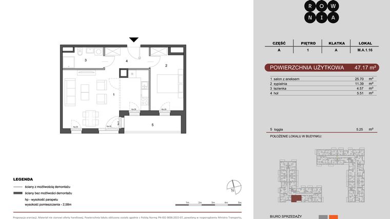 Rzut - Mieszkanie na sprzedaż 2 pokoje o powierzchni 47,17 m² - numer M.A.1.016 w CUKROWNIA
