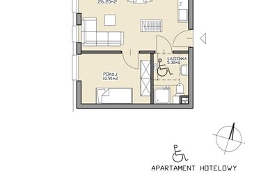 Rzut - Mieszkanie na sprzedaż 2 pokoje o powierzchni 42,43 m² - numer 1 w Apartamenty Zdrój