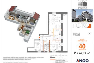 Rzut - Mieszkanie na sprzedaż 3 pokoje o powierzchni 67,33 m² - numer 40 w Bulwar bud. 2