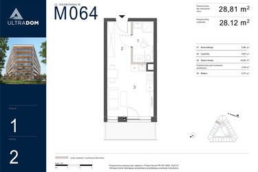 Rzut - Mieszkanie na sprzedaż 1 pokój o powierzchni 28,81 m² - numer M064 w Ultradom