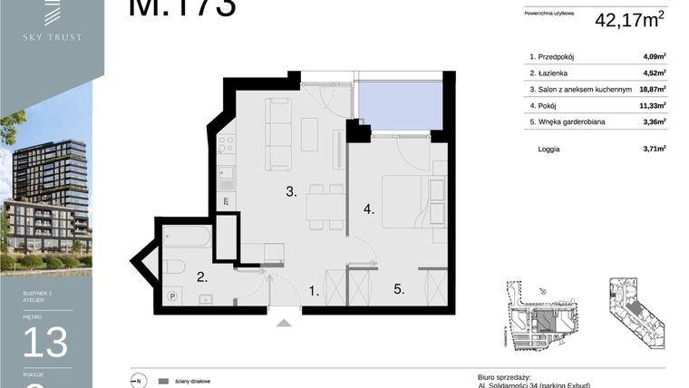 Rzut - Mieszkanie na sprzedaż 2 pokoje o powierzchni 42,17 m² - numer M173 w Sky Trust etap II