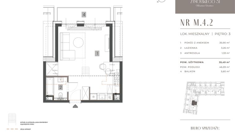 Rzut - Mieszkanie na sprzedaż 1 pokój o powierzchni 35,49 m² - numer M.4.2 w Zamoyskiego 31